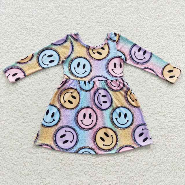 GLD0200 Smiley Leopard Colorful Long Sleeve Dress