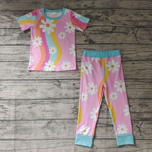 Pre-order girls summer clothes pink flower short sleeve pants set