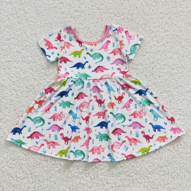 Aa-10 Pink Dinosaur Unicorn Short Sleeve Dress