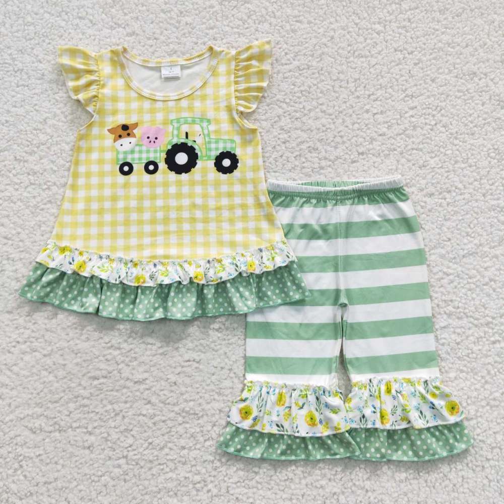 D9-12 Pig cow green truck small flying sleeves striped trousers