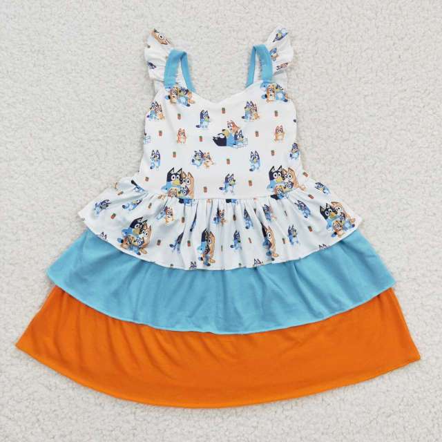 GSD0396 Cartoon dog bluey Bruy blue orange color contrast flying sleeves Dress