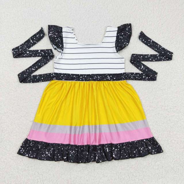 GSD0409 Back to School Yellow Pink Gray Contrasting Black Belt Stripes flying sleeves Dress