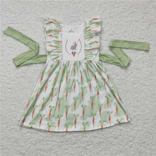 Girls Rabbit Carrot Green Flying Sleeve Tie Dress