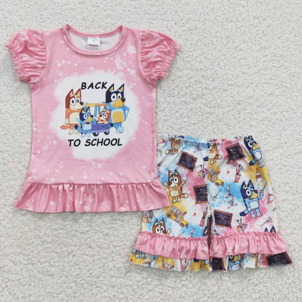 GSSO0360 back to school cartoon bluey pink short sleeve set