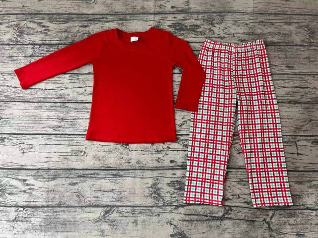 Pre-order girls summer clothes red grid long sleeve pants set