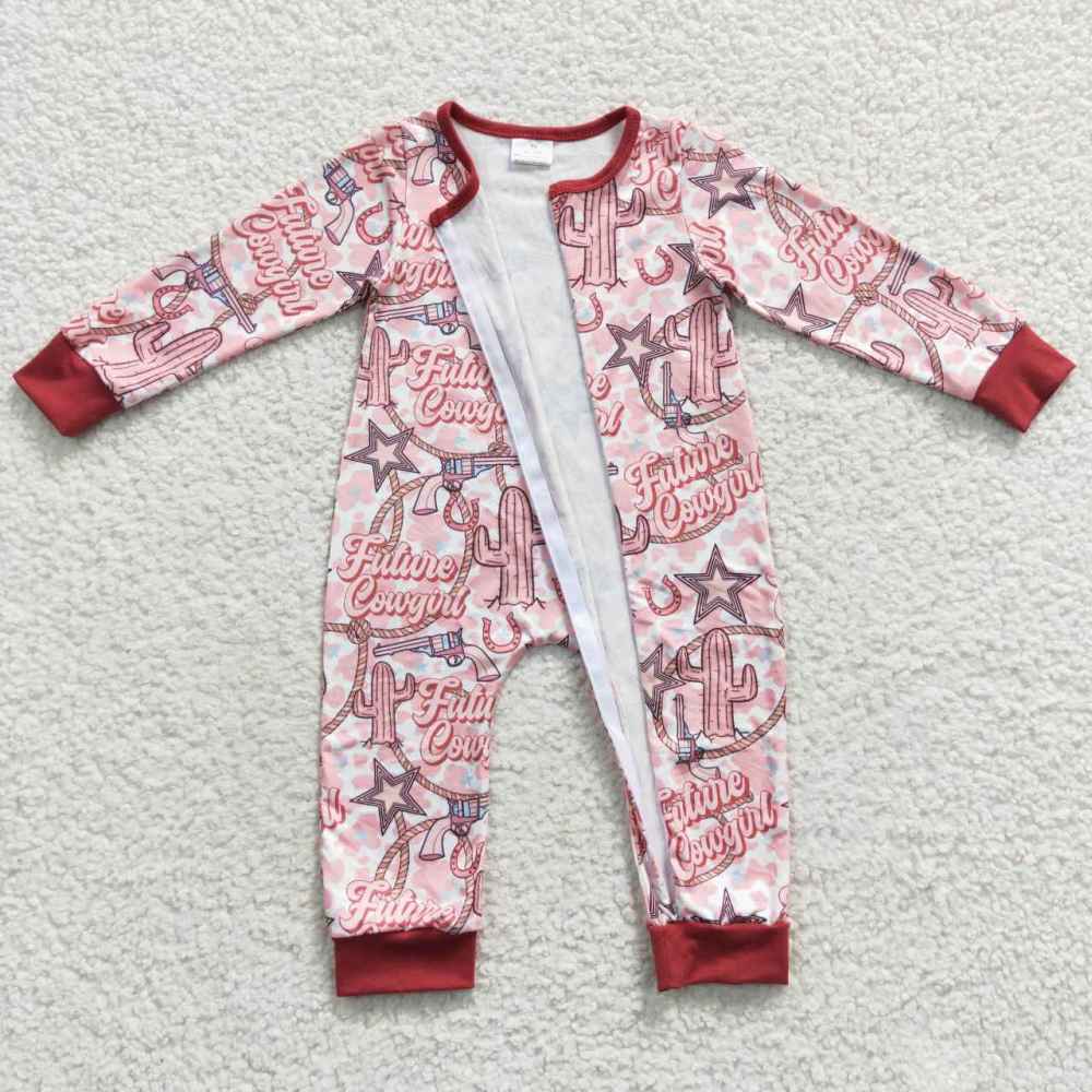 LR0306 boys future cowgirl cactus star pink Zip Long Sleeve Bodysuit
