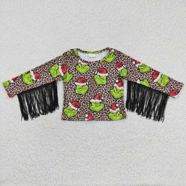 GT0190 Christmas grinch leopard fringed top