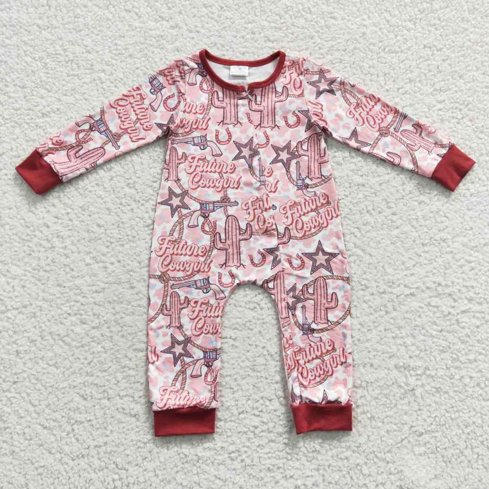 LR0306 boys future cowgirl cactus star pink Zip Long Sleeve Bodysuit