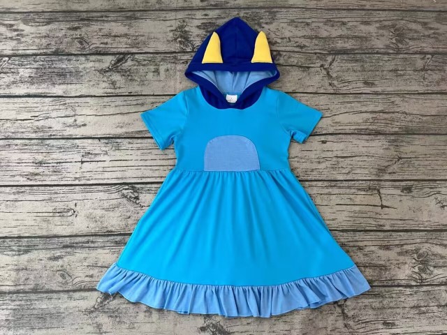 Pre-order girls summer clothes hooded blue short sleeve dress