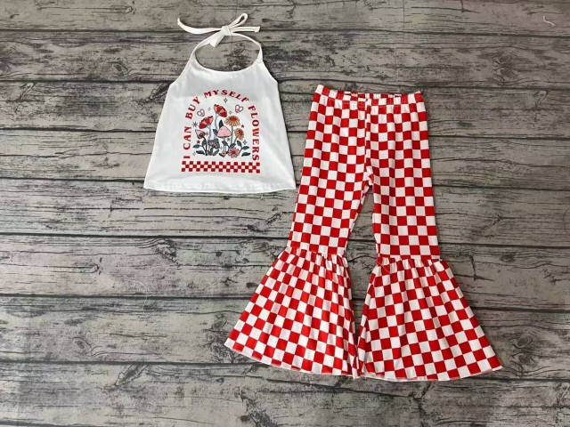Pre-order girls summer clothes hanging neck top red grid pants set