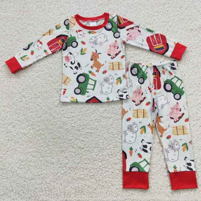 BLP0197 farm red house cow pig sheep animal red side Long Sleeve pants suit
