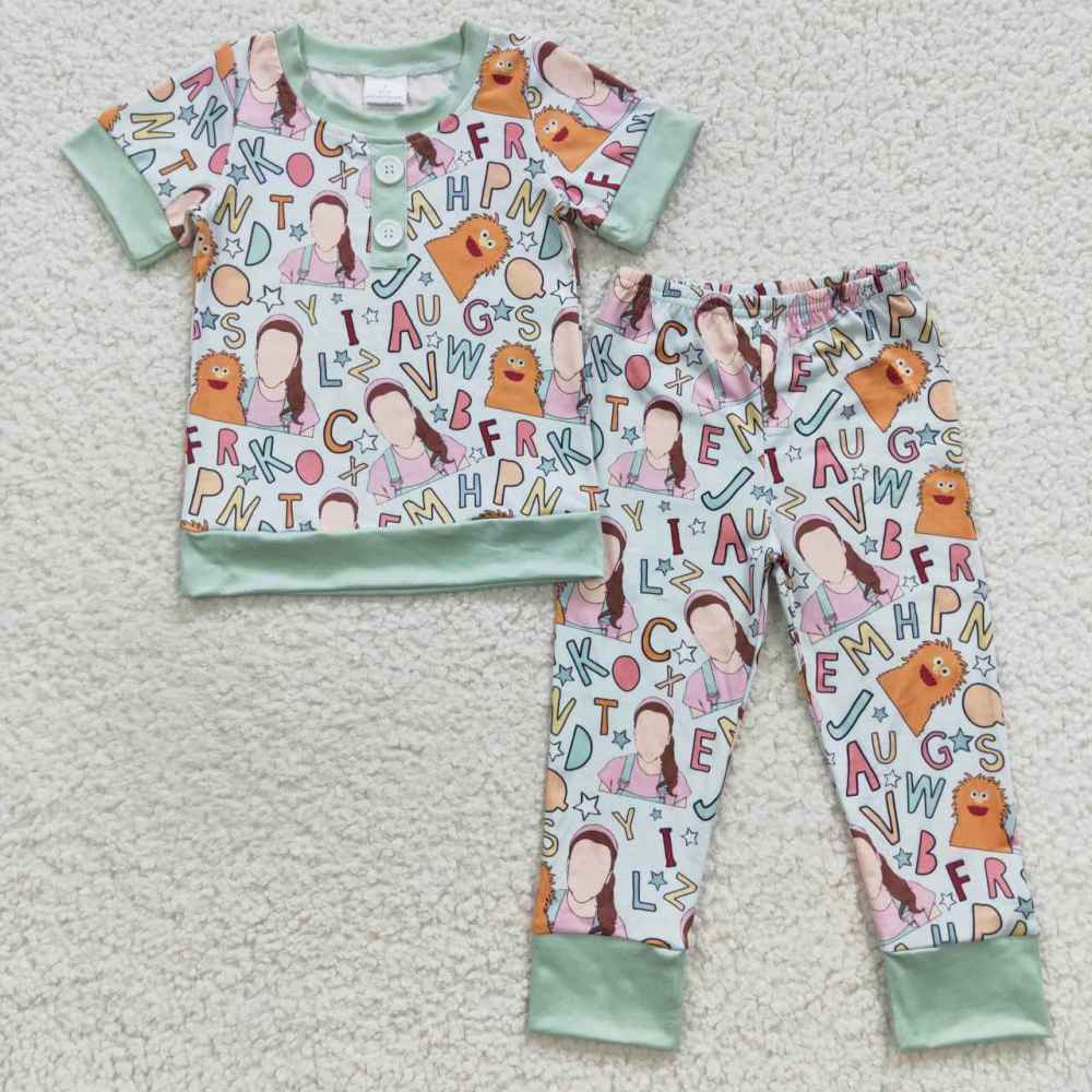 BSPO0110 Letter cartoon Ms.Rachel green edging short sleeve long Pant Set