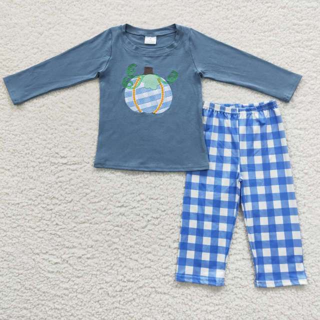 BLP0174 Embroidered Pumpkin Blue Plaid Long Sleeve Trouser Set