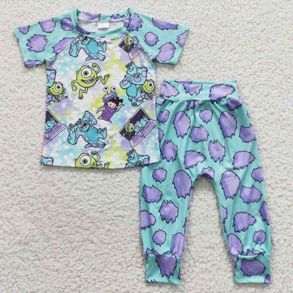 BSPO0122 Cartoon Monsters University Blue Violet Short Sleeve Pants Set