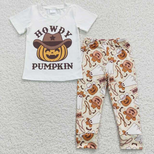 BT0249 P0166 howdy pumpkin White Short Sleeve top boo pumpkin ghost Pants Set