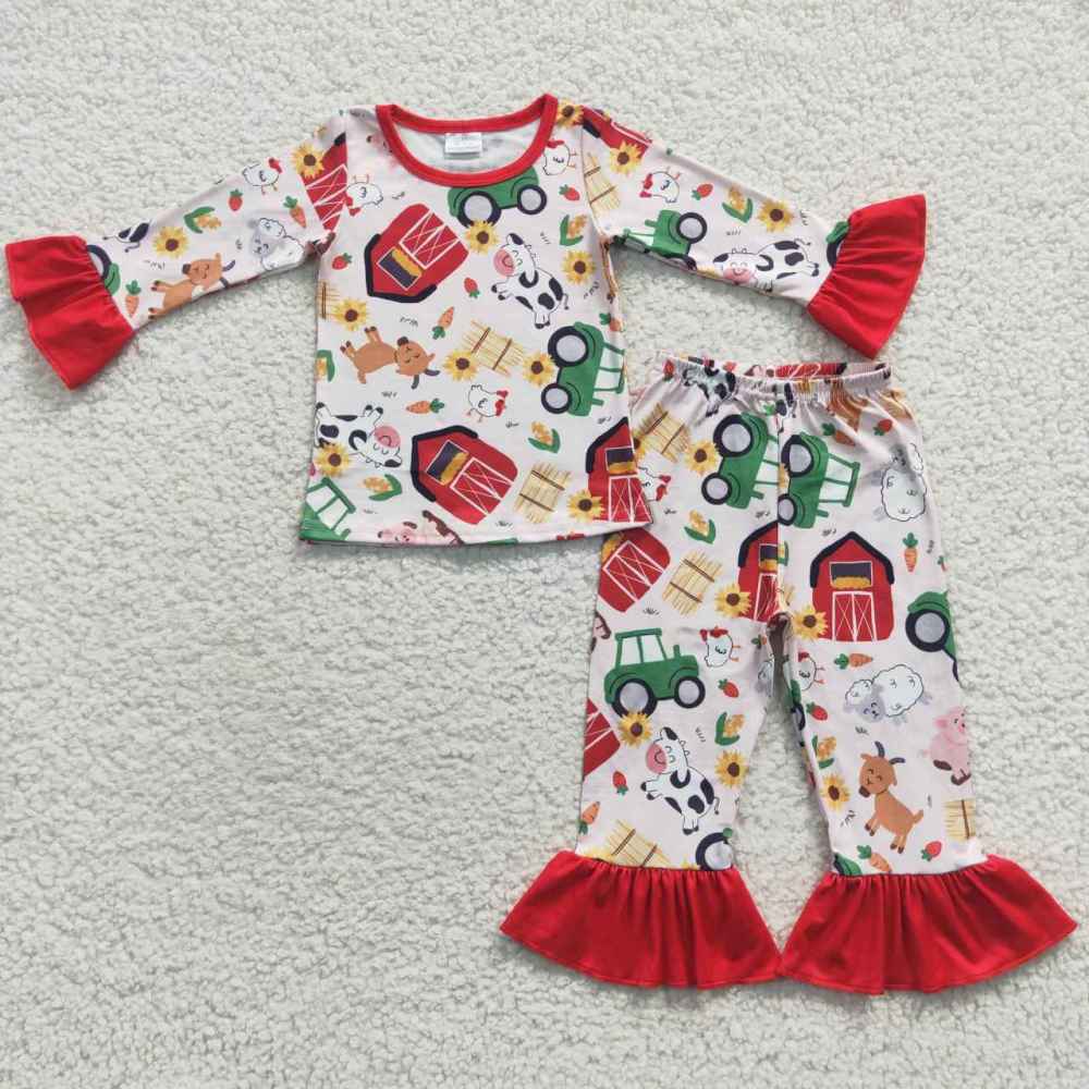 GLP0488 Farm red house cow pig sheep animal red lace long pants set