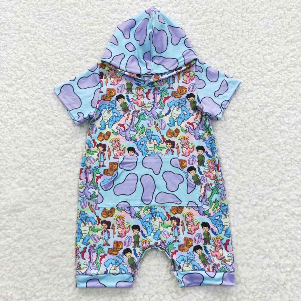 SR0405 Cartoon Character Dinosaur Blue Hooded Short Sleeve Onesie