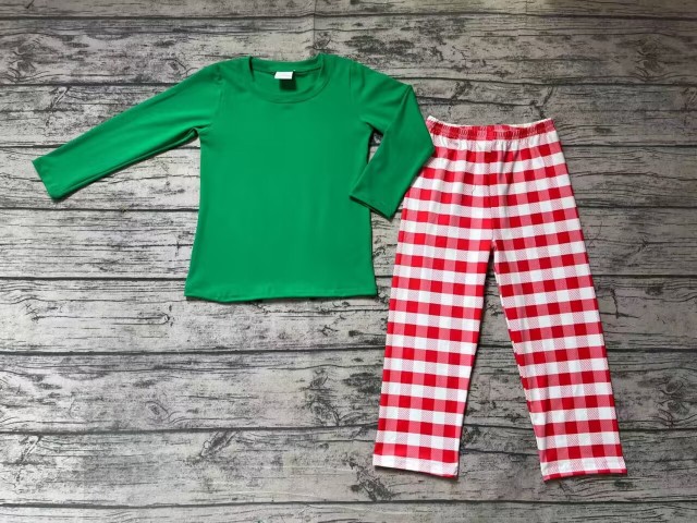 Pre-order boys summer clothes Christmas Green long sleeve red grid pants set