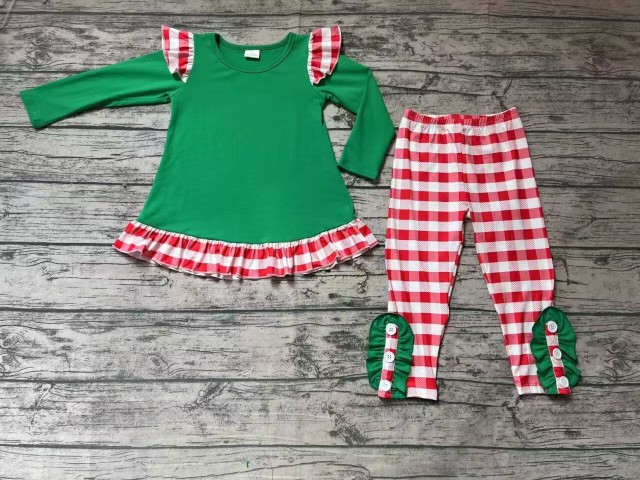 Pre-order girls summer clothes Christmas Green long sleeve red grid pants set