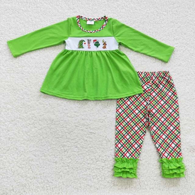 GLP0441 Girls Embroidery Christmas Cartoon Grinch Dog Long Sleeve Plaid Green Lace pants Suit
