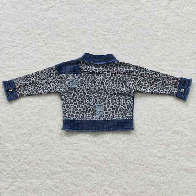 GT0203 Leopard-Panel Long-Sleeve Denim Top