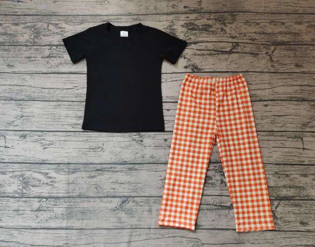 Pre-order boys summer clothes black short sleeve orange grid pants set