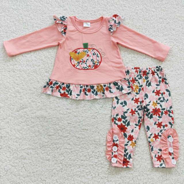 GLP0426 Pink embroidered love heart pumpkin floral small flying sleeves Long pants Suit