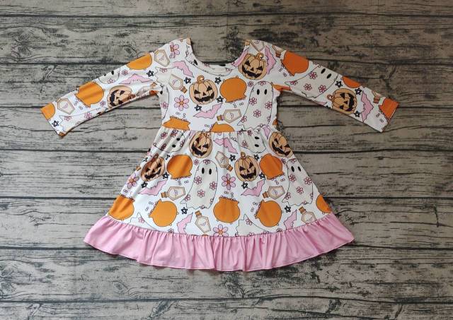 Pre-order girls summer clothes halloween pumpkin long sleeve dresses