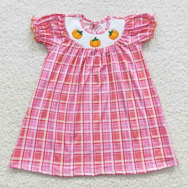 GSD0423 smocked pumpkin embroidery red plaid short sleeves Dress