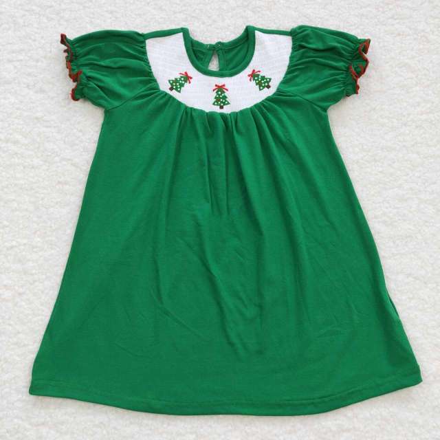 GSD0432 Embroidered Christmas tree smocked green short sleeve dress