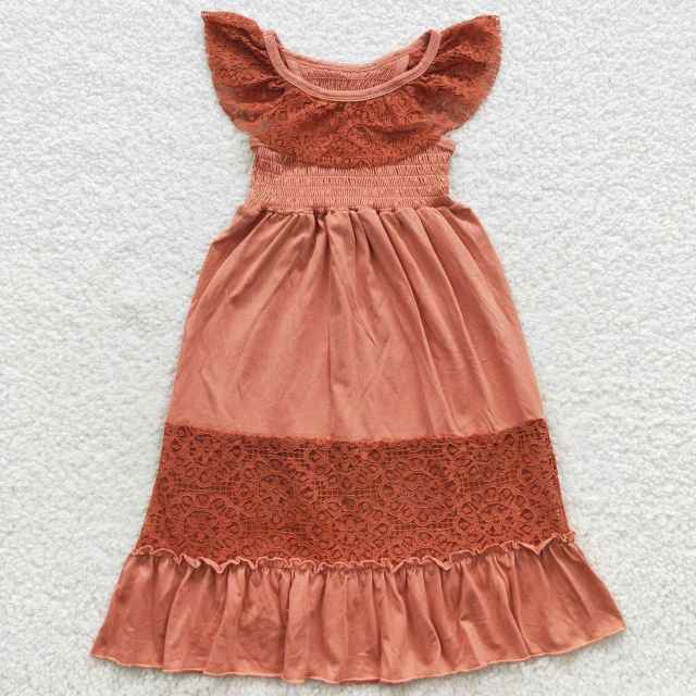 GSD0458 Lace Trim Brick Red Smocked Sleeveless dress