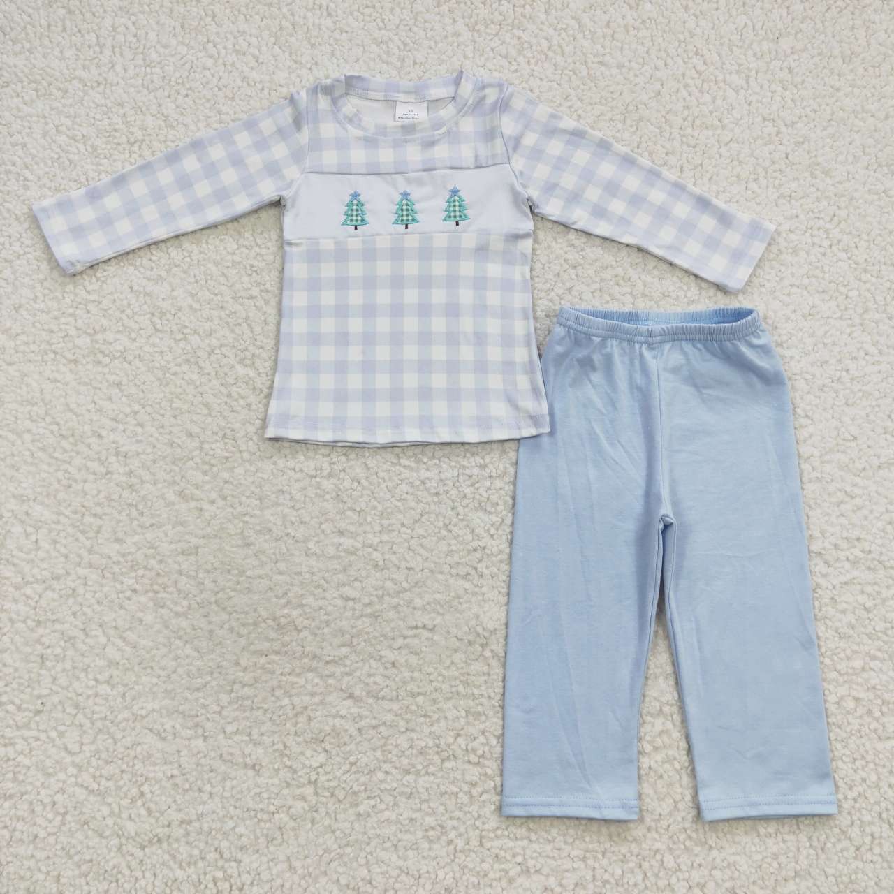 BLP0178 Boys Embroidered Christmas Tree Plaid Blue Long Sleeve Trouser Set
