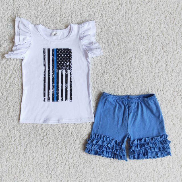 A7-12 National Day White Top National Flag Sleeve Blue Shorts