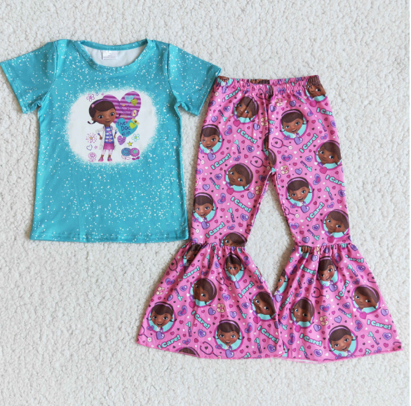 B1-28 Valentine's Day CARE black girl blue short-sleeved trousers suit