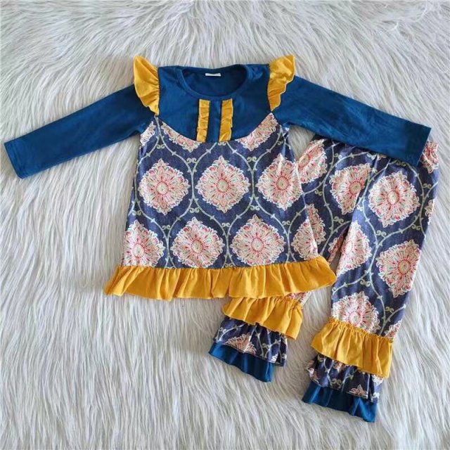 6 A26-17 rhombus flower navy blue long-sleeved suit