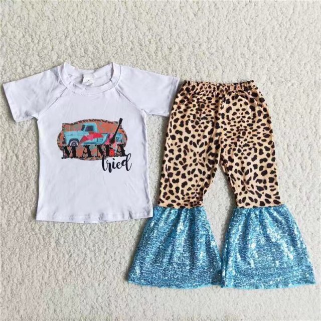 A6-11 Auto White Short Sleeve Leopard Blue Sequin Pants