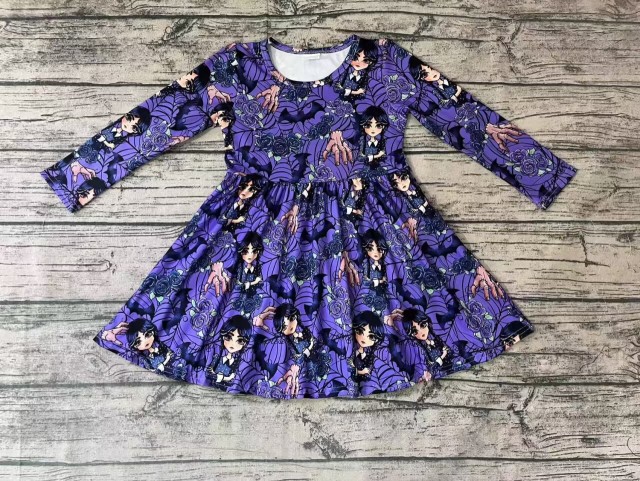 Pre-order girls summer clothes wednesday purple long sleeve dresses