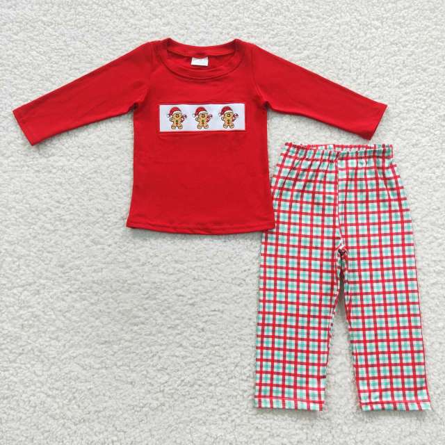 BLP0202 Embroidered gingerbread man red and green plaid long-sleeved trouser suit