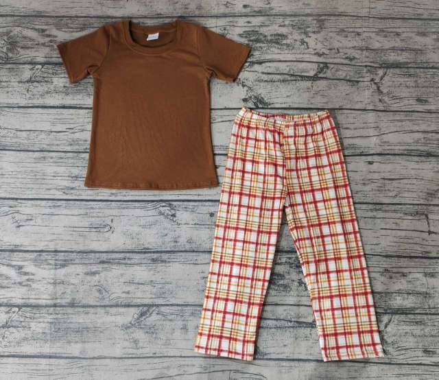 Pre-order boys summer clothes brown short sleeve grid pants set