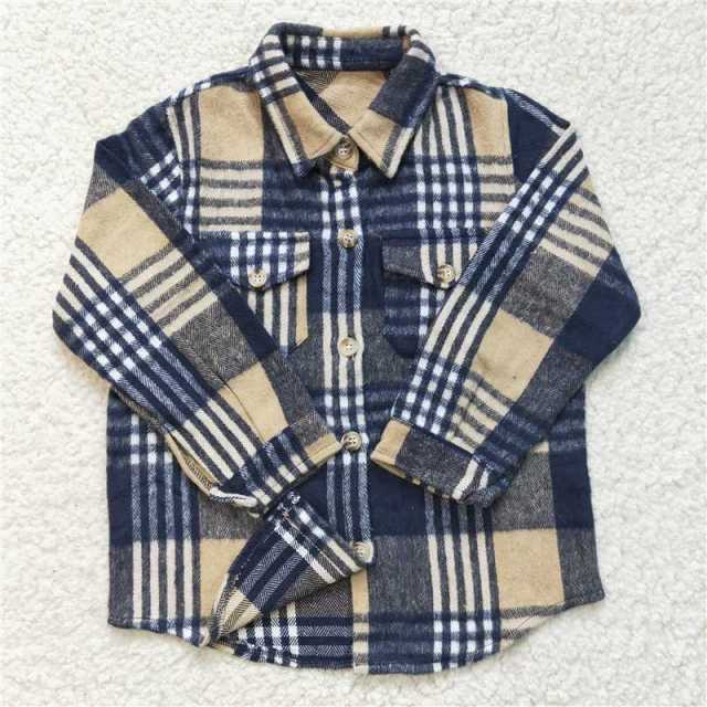BT0186 Boys Blue Khaki Stripe Grid Long Sleeve Shirt
