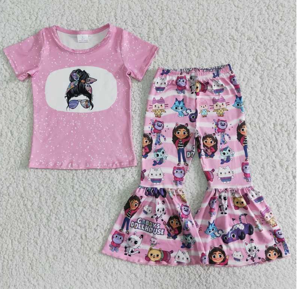 A12-11Glasses Girls Short Sleeve Cartoon Cat Flare Pants Set