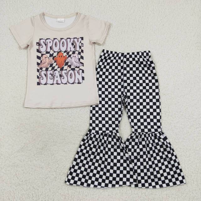 GT0231 P0146 Halloween spooky season ghost black and white plaid beige Short Sleeve top Black White Grid Milk Silk Pant Set