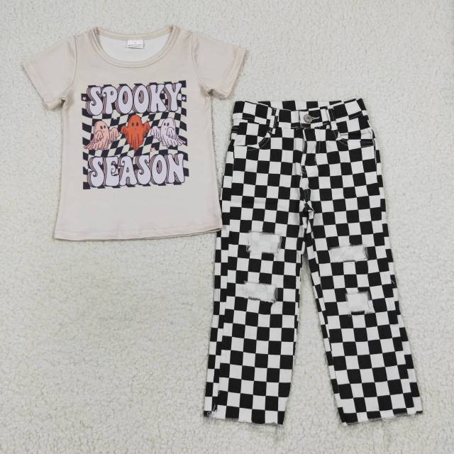 GT0231 P0122 spooky season ghost black and white plaid beige short-sleeved top black and white plaid ripped denim jeans