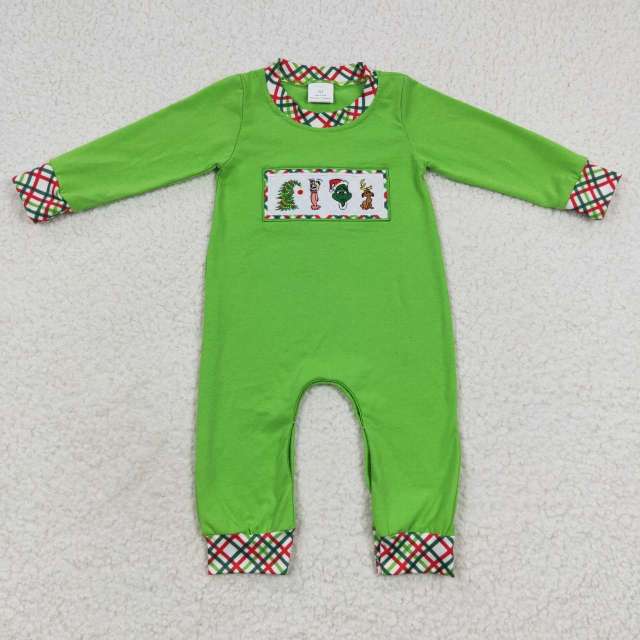 LR0325 Boy Christmas Embroidery Cartoon Grinch Dog Plaid Green Long Sleeve Bodysuit
