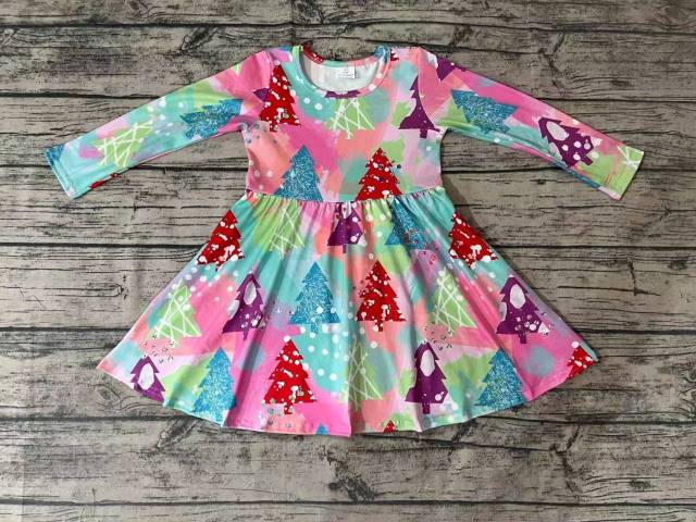 Pre-order girls summer clothes christmas tree colorful long sleeve dresses