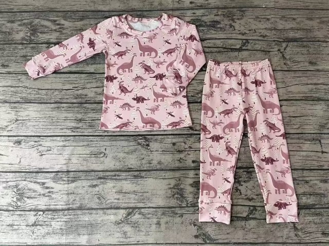 Pre-order girls summer clothes christmas dinosaurs pink long sleeve pants pajamas set