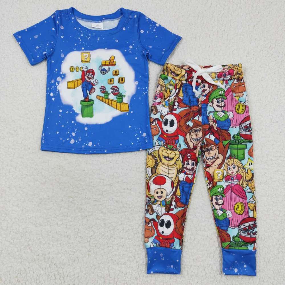 BSPO0142 Cartoon Mario Blue Short Sleeve Pants Set
