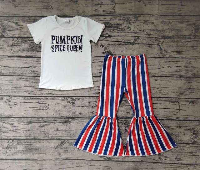 Pre-order girls summer clothes halloween pumpkin white short sleeve colorful stripe pants set