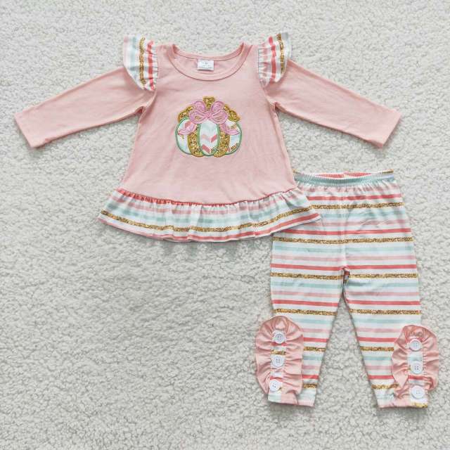 GLP0513 Embroidered Bow Gold Halloween Pumpkin Stripe Lace pink Long Sleeve pants suit