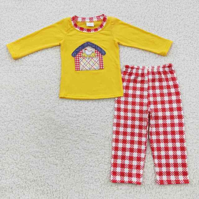 BLP0198 Embroidery Farm Chicken Red House Red Plaid Yellow Long Sleeve Pant Set